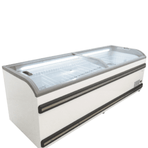 Curved Glass freezer Two Sliding Lids Low E Glass Fan COND R290 CASTORS EMS 1113Liters